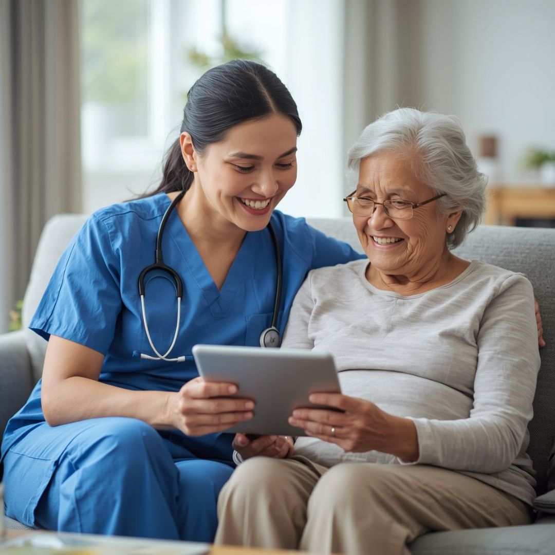 Nurse show tablet to elderly woman